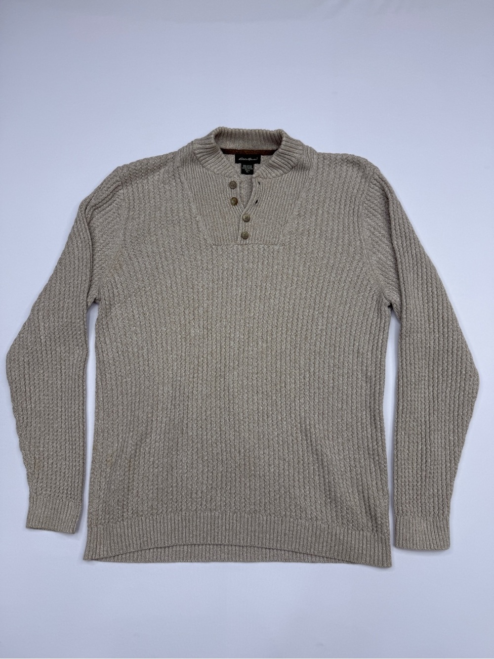 Eddie Bauer Men's Beige Cotton Chunky Knit Henley Mock Neck Sweater XL Tall